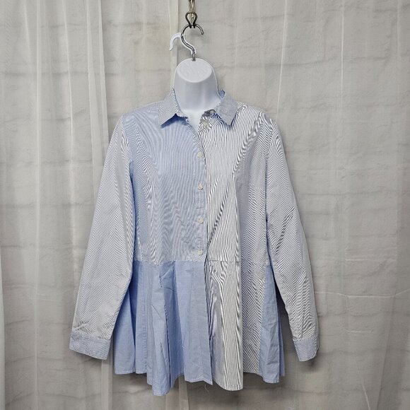 French Connection Blue Striped Button Blouse Peplum Preppy L - Picture 13 of 13